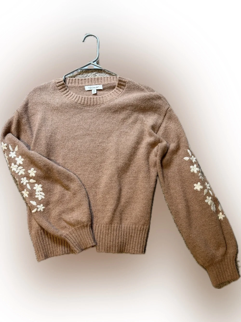 Francesca's Collections Tan Floral-Embroidered Crewneck Sweater